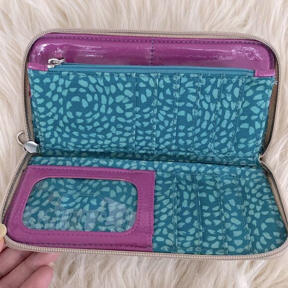 Fossil Key Print Long Wallet Navy & Teal Signature Key Charm Boho Cottagecore - Picture 3 of 5